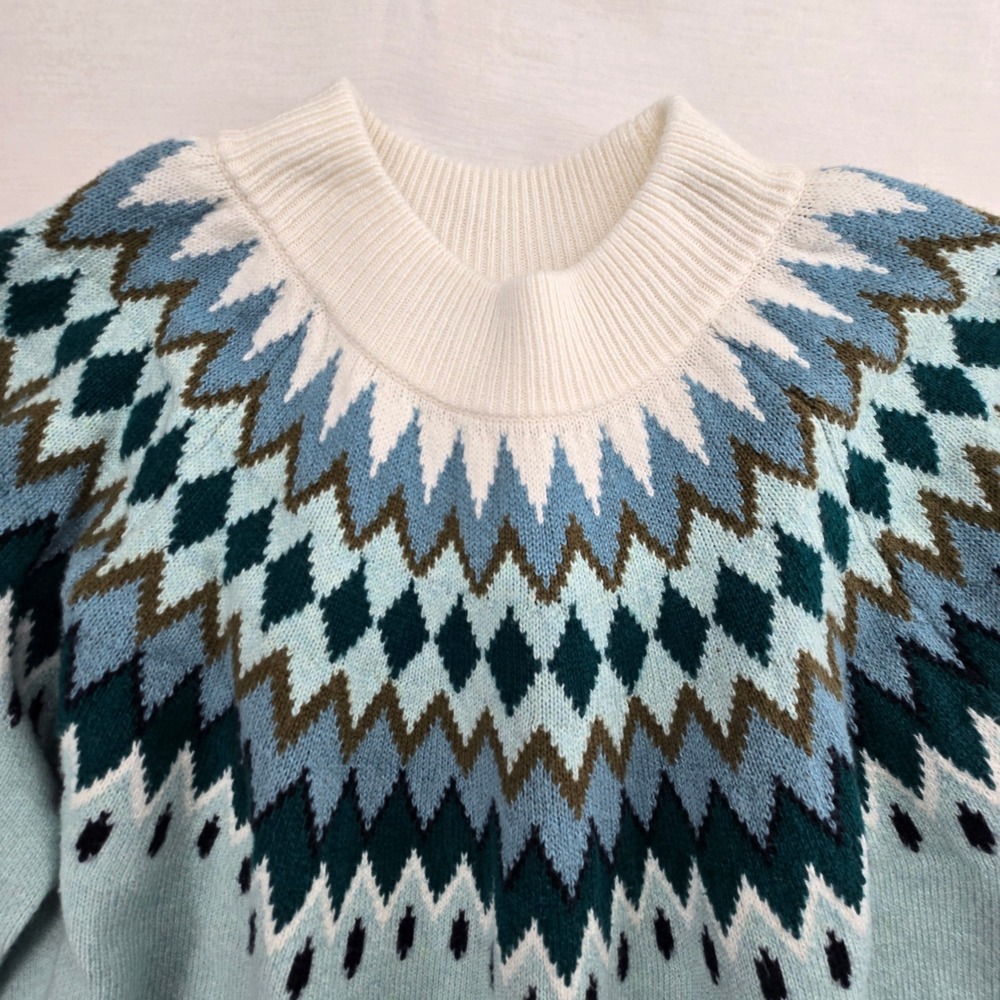 Talbots Sweater Womens 2X Blue Fair Isle Mock Neck Pullover Preppy Cabin Ski - Picture 2 of 8